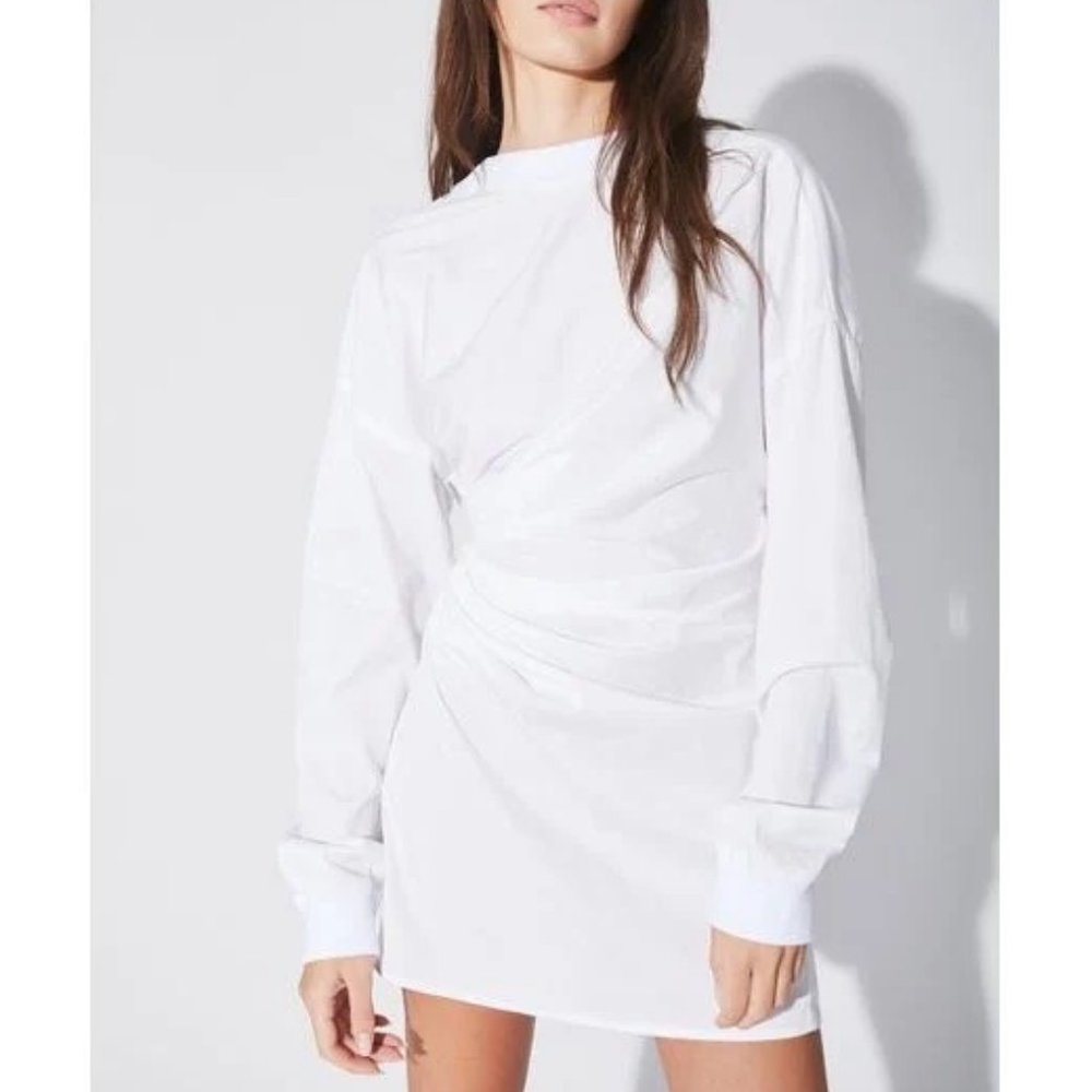 RtA Shauna Dress, white with ruched sleeves and waist, NEW